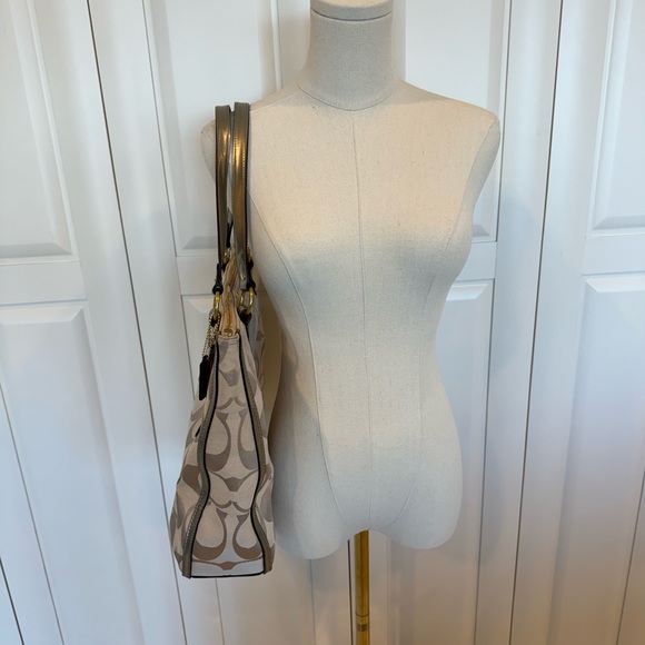 Coach gold and tan jacquard fabric tote with tan trim, pink satin lining. - Picture 2 of 12